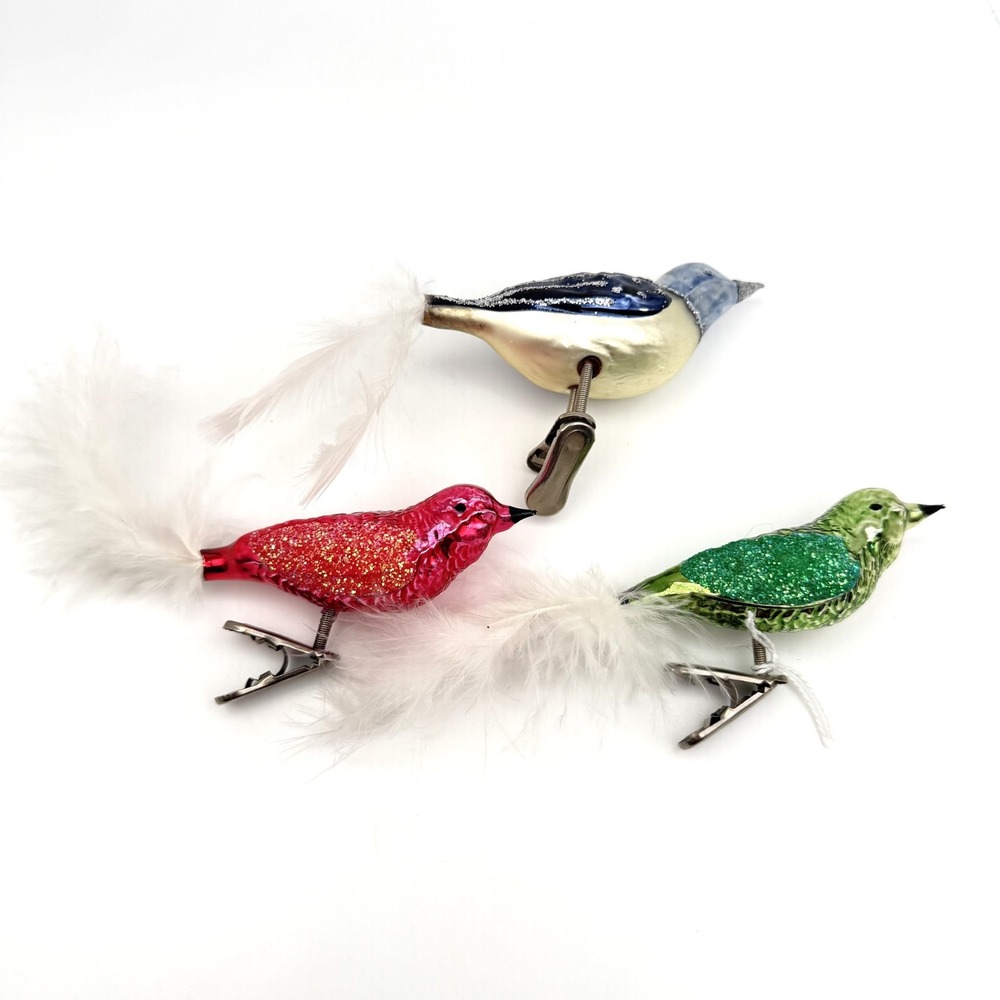 Vintage Glass Bird Christmas Ornaments Clip On Feather Tail Set of 3
